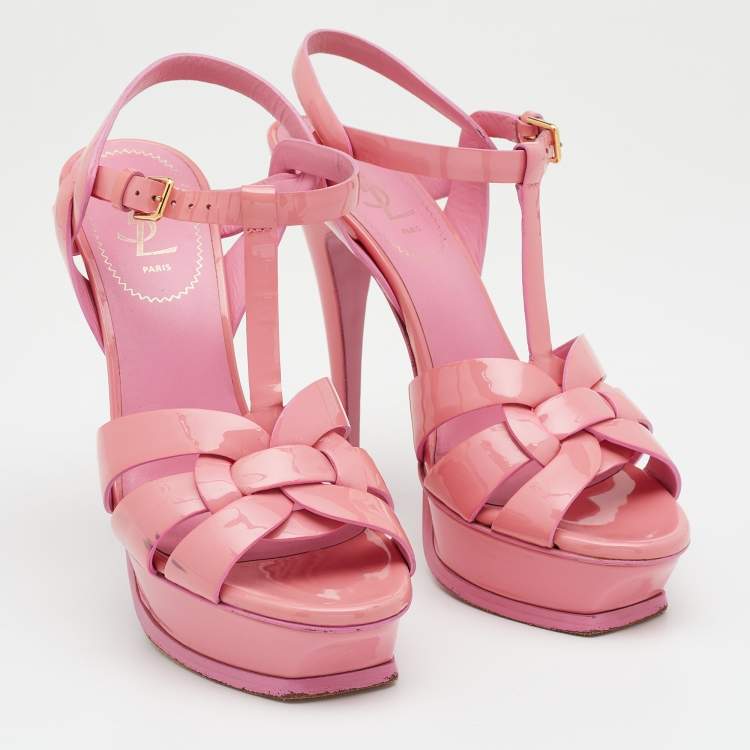 Pre Owned Yves Saint Laurent Pink Patent Leather Tribute Platform Sandals Size 39