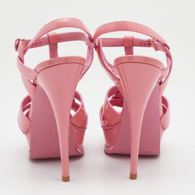 Pre Owned Yves Saint Laurent Pink Patent Leather Tribute Platform Sandals Size 39