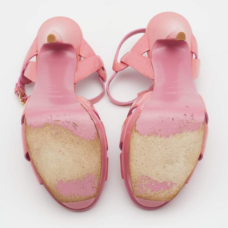 Pre Owned Yves Saint Laurent Pink Patent Leather Tribute Platform Sandals Size 39