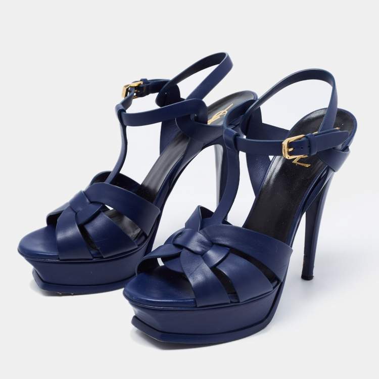 Pre Owned Yves Saint Laurent Navy Blue Leather Tribute Sandals Size 39