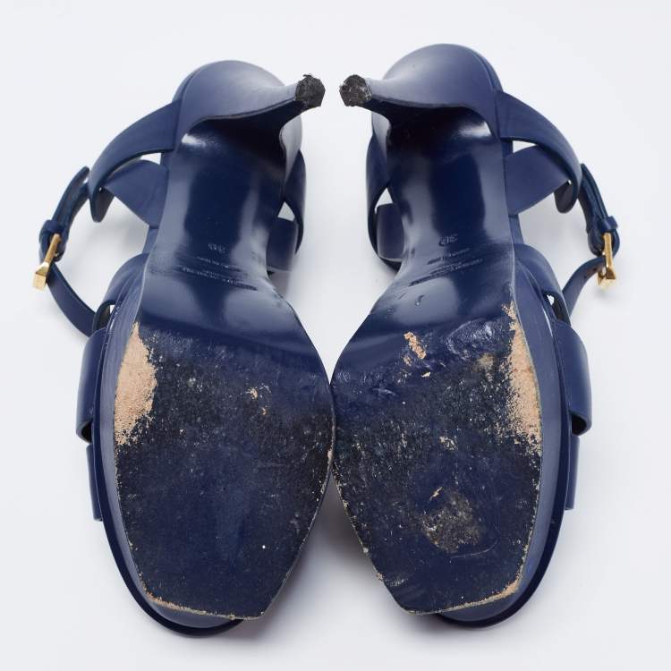 Pre Owned Yves Saint Laurent Navy Blue Leather Tribute Sandals Size 39