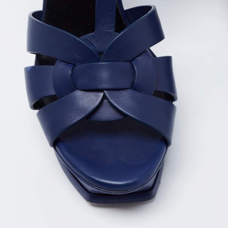 Pre Owned Yves Saint Laurent Navy Blue Leather Tribute Sandals Size 39