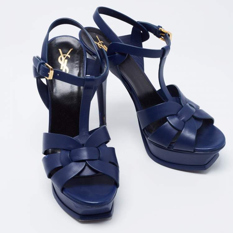 Pre Owned Yves Saint Laurent Navy Blue Leather Tribute Sandals Size 39