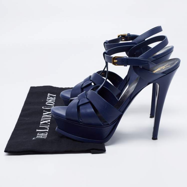Pre Owned Yves Saint Laurent Navy Blue Leather Tribute Sandals Size 39