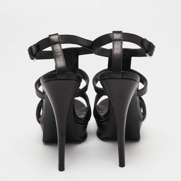 Pre Owned Yves Saint Laurent Black Leather Platform Sandals Size 37.5