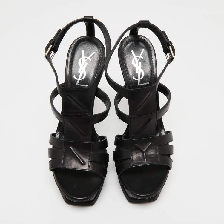 Pre Owned Yves Saint Laurent Black Leather Platform Sandals Size 37.5