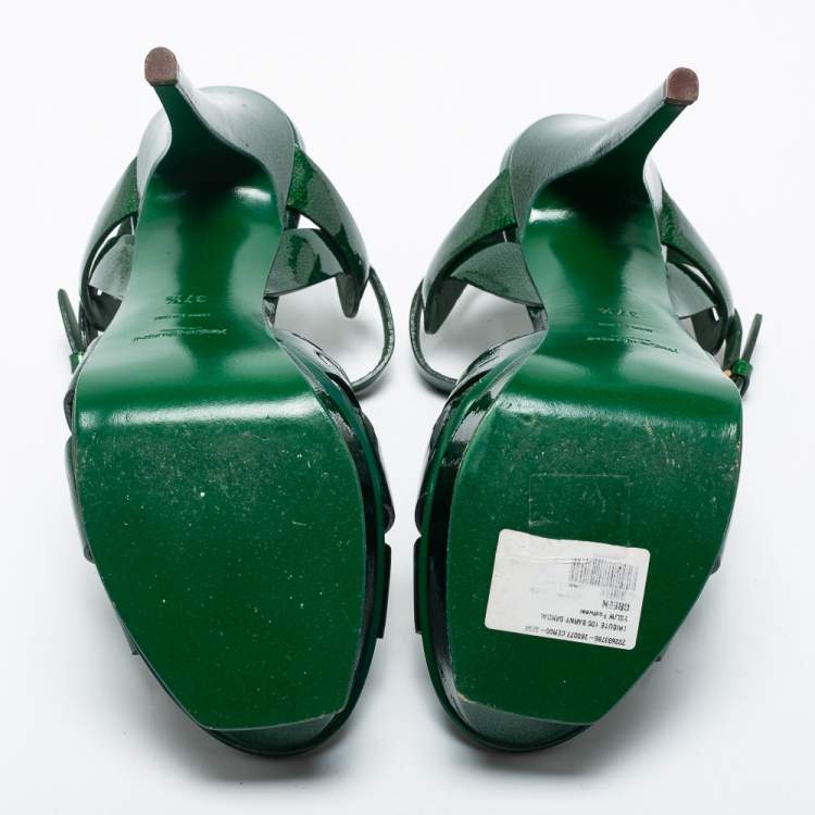 Pre Owned Yves Saint Laurent Green Patent Leather Tribute Platform Sandals Size 37.5