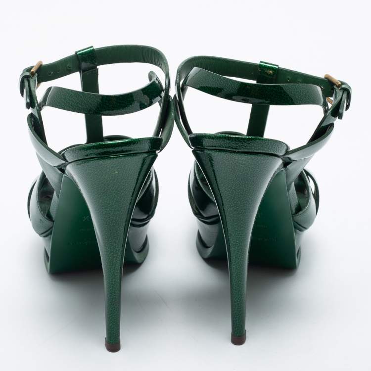 Pre Owned Yves Saint Laurent Green Patent Leather Tribute Platform Sandals Size 37.5