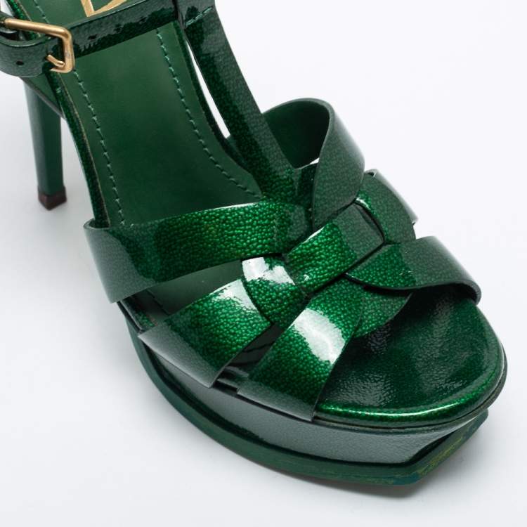 Pre Owned Yves Saint Laurent Green Patent Leather Tribute Platform Sandals Size 37.5