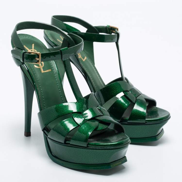 Pre Owned Yves Saint Laurent Green Patent Leather Tribute Platform Sandals Size 37.5