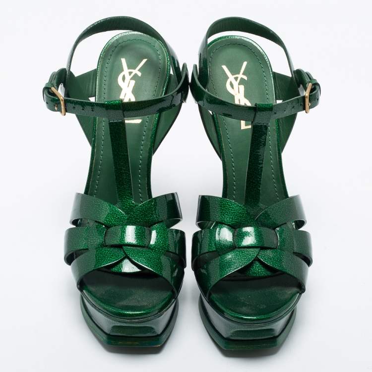 Pre Owned Yves Saint Laurent Green Patent Leather Tribute Platform Sandals Size 37.5