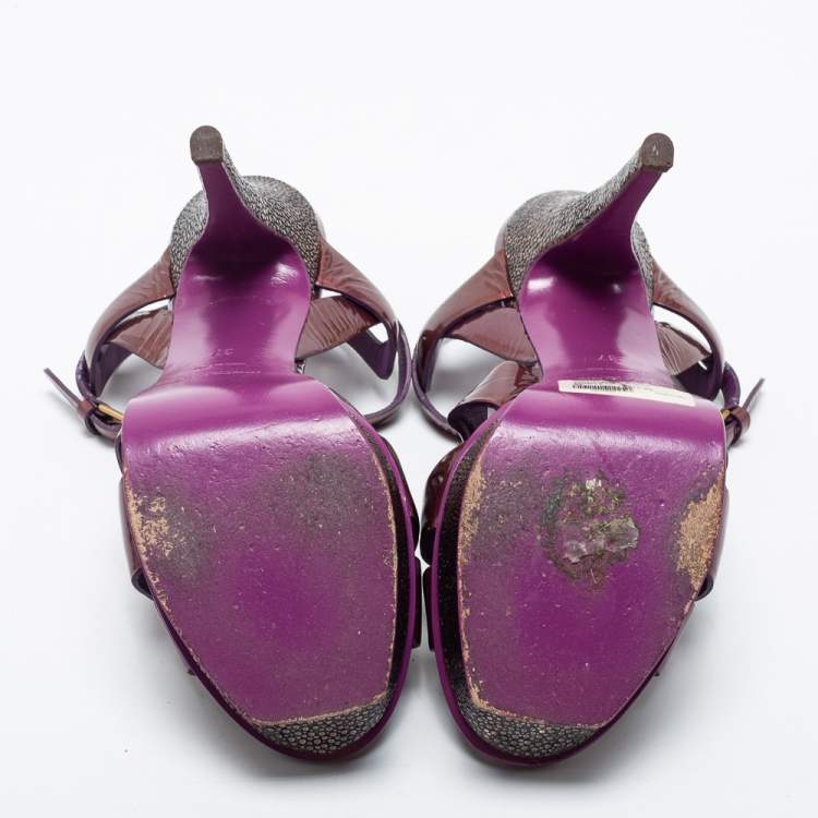 مملوكة مسبقًا Yves Saint Laurent Purple/Brown Patent Leather Tribute Platform Sandals Size 37