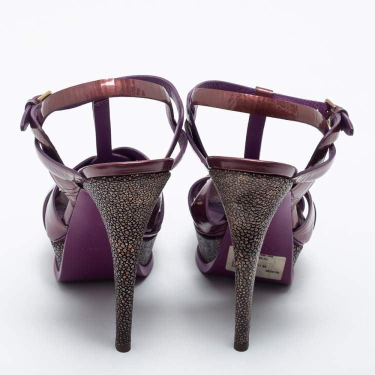 مملوكة مسبقًا Yves Saint Laurent Purple/Brown Patent Leather Tribute Platform Sandals Size 37