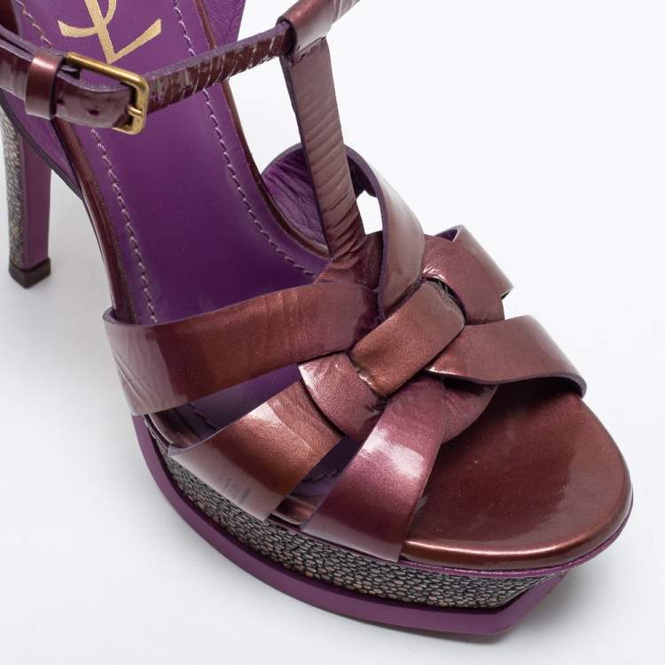 مملوكة مسبقًا Yves Saint Laurent Purple/Brown Patent Leather Tribute Platform Sandals Size 37