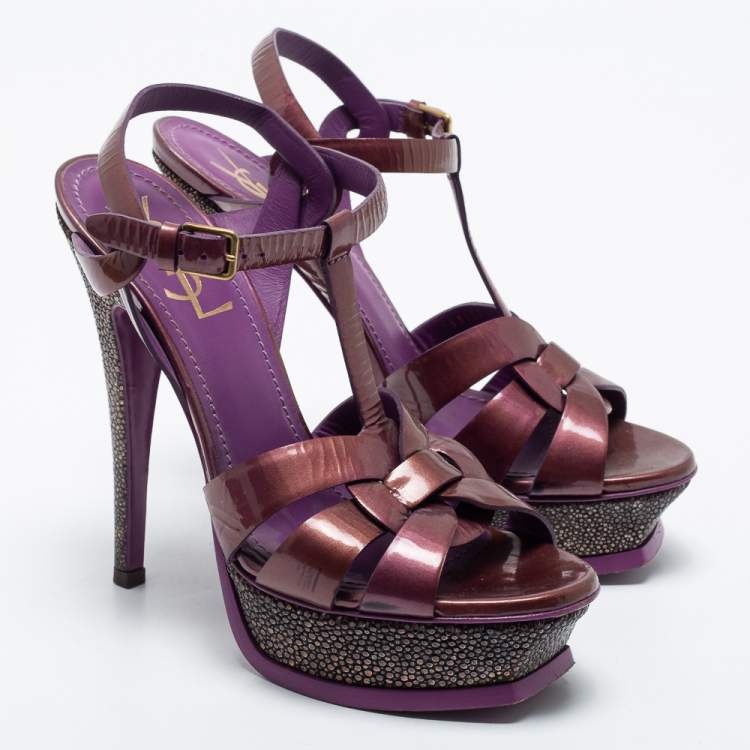 مملوكة مسبقًا Yves Saint Laurent Purple/Brown Patent Leather Tribute Platform Sandals Size 37