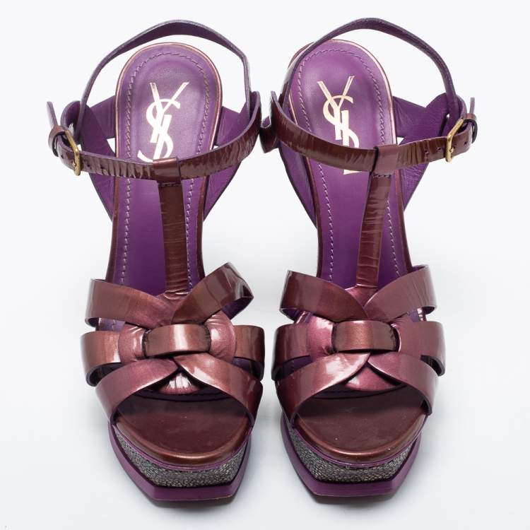 مملوكة مسبقًا Yves Saint Laurent Purple/Brown Patent Leather Tribute Platform Sandals Size 37