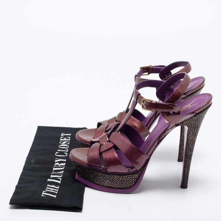 مملوكة مسبقًا Yves Saint Laurent Purple/Brown Patent Leather Tribute Platform Sandals Size 37