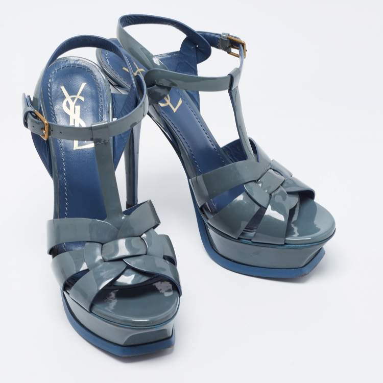 Pre Owned Yves Saint Laurent Grey Patent Leather Tribute Sandals Size 37