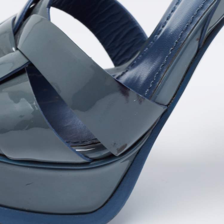 Pre Owned Yves Saint Laurent Grey Patent Leather Tribute Sandals Size 37