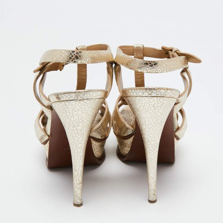 Pre Owned Yves Saint Laurent Gold Textured Leather Tribute Platform Sandals Size 36.5