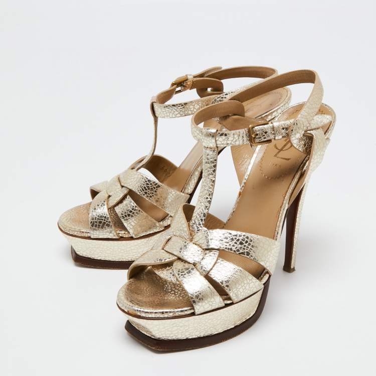 Pre Owned Yves Saint Laurent Gold Textured Leather Tribute Platform Sandals Size 36.5
