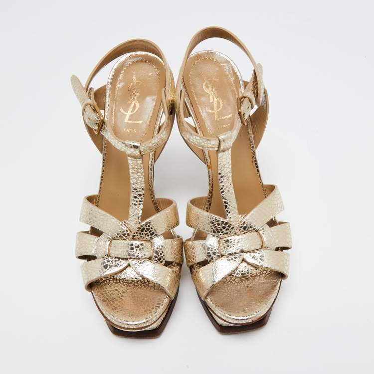 Pre Owned Yves Saint Laurent Gold Textured Leather Tribute Platform Sandals Size 36.5