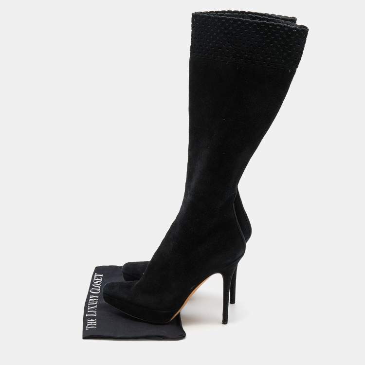 Pre Owned Yves Saint Laurent Black Suede Platform Knee Length Boots Size 40