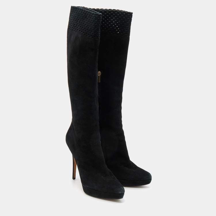 Pre Owned Yves Saint Laurent Black Suede Platform Knee Length Boots Size 40