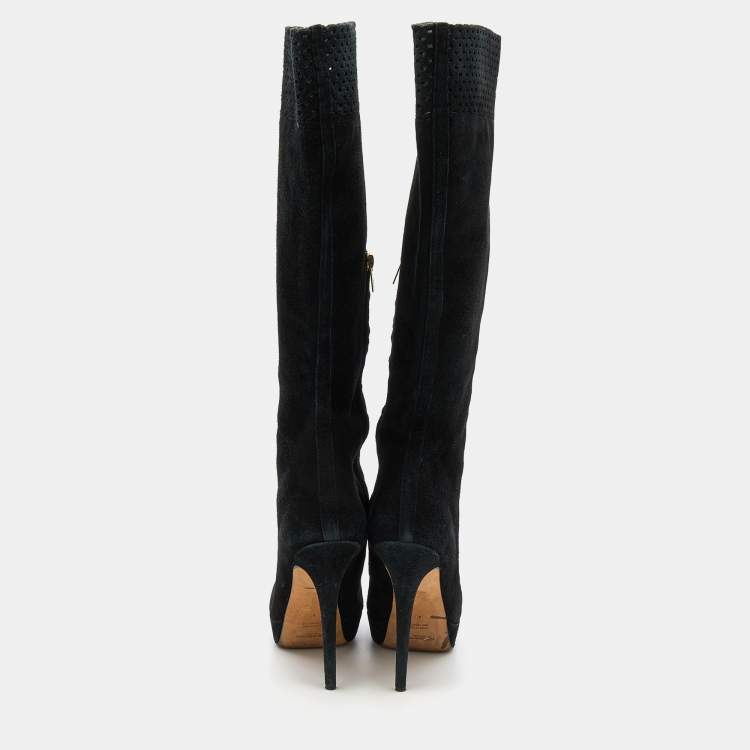 Pre Owned Yves Saint Laurent Black Suede Platform Knee Length Boots Size 40