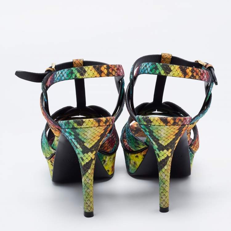 Pre Owned Yves Saint Laurent Multicolour Python Embossed Leather Tribute Platform Sandals Size 38