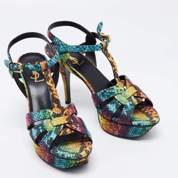 Pre Owned Yves Saint Laurent Multicolour Python Embossed Leather Tribute Platform Sandals Size 38
