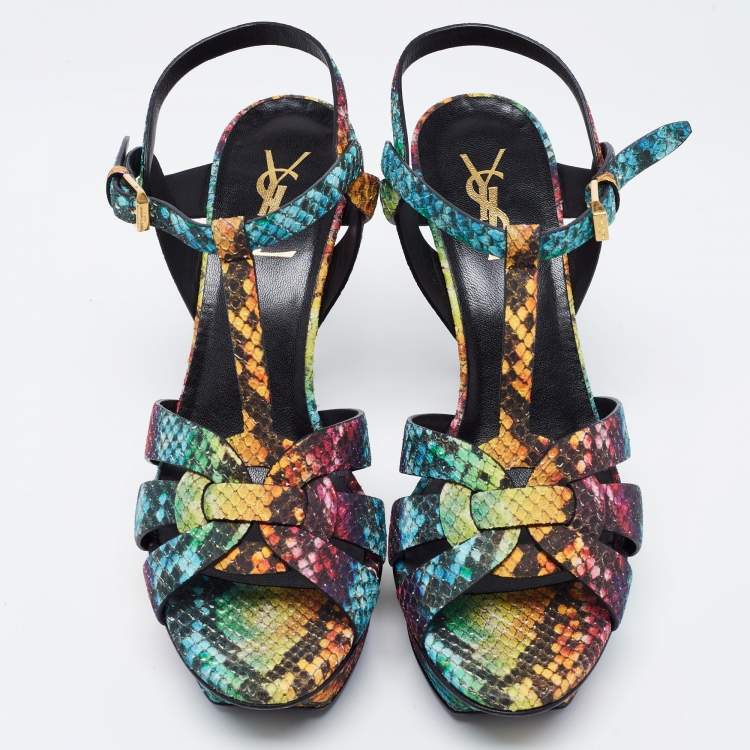 Pre Owned Yves Saint Laurent Multicolour Python Embossed Leather Tribute Platform Sandals Size 38