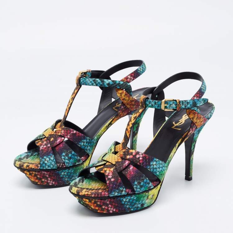 Pre Owned Yves Saint Laurent Multicolour Python Embossed Leather Tribute Platform Sandals Size 38