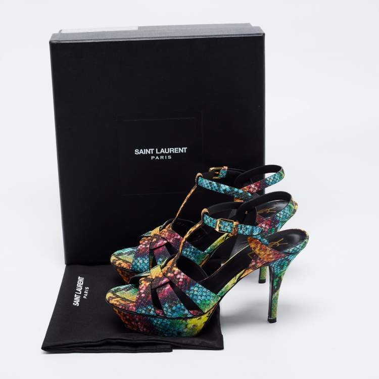 Pre Owned Yves Saint Laurent Multicolour Python Embossed Leather Tribute Platform Sandals Size 38