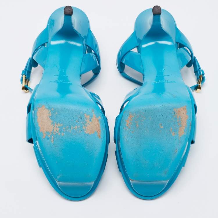 مملوكة مسبقًا Yves Saint Laurent Blue Patent Leather Tribute Ankle Strap  Sandals Size 39