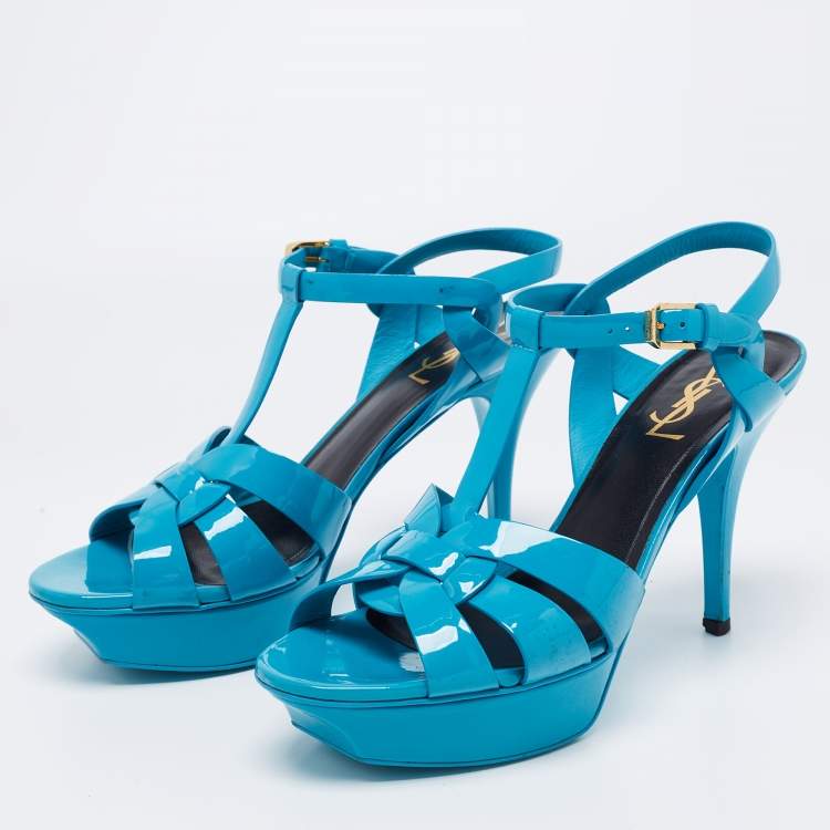 مملوكة مسبقًا Yves Saint Laurent Blue Patent Leather Tribute Ankle Strap  Sandals Size 39