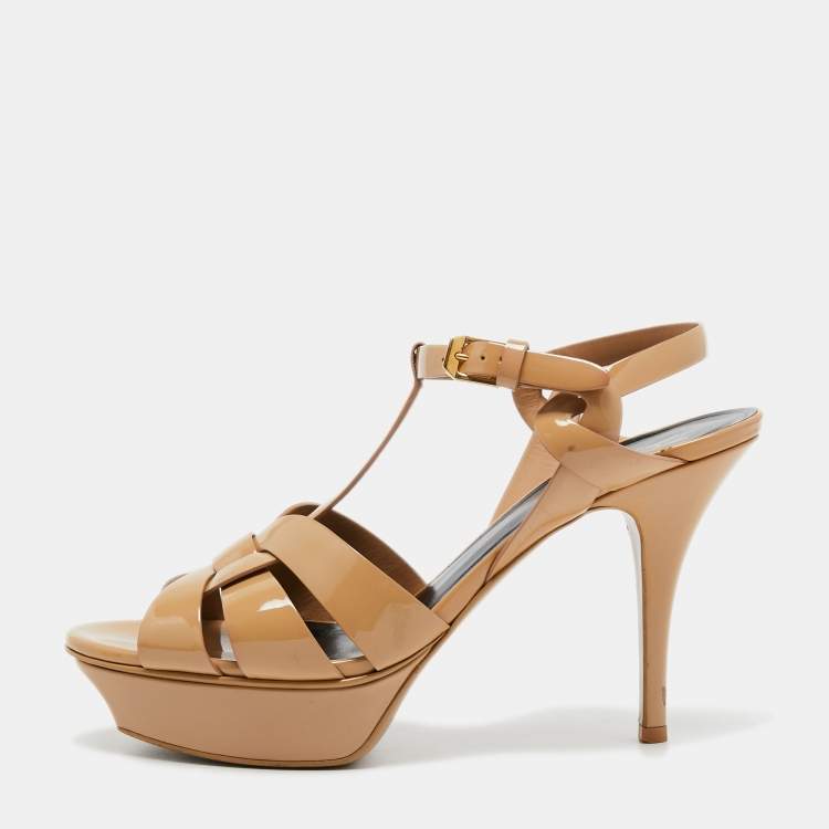 Pre Owned Yves Saint Laurent Beige Patent Leather Tribute Sandals Size 39
