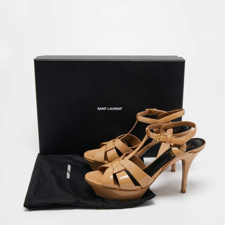 Pre Owned Yves Saint Laurent Beige Patent Leather Tribute Sandals Size 39
