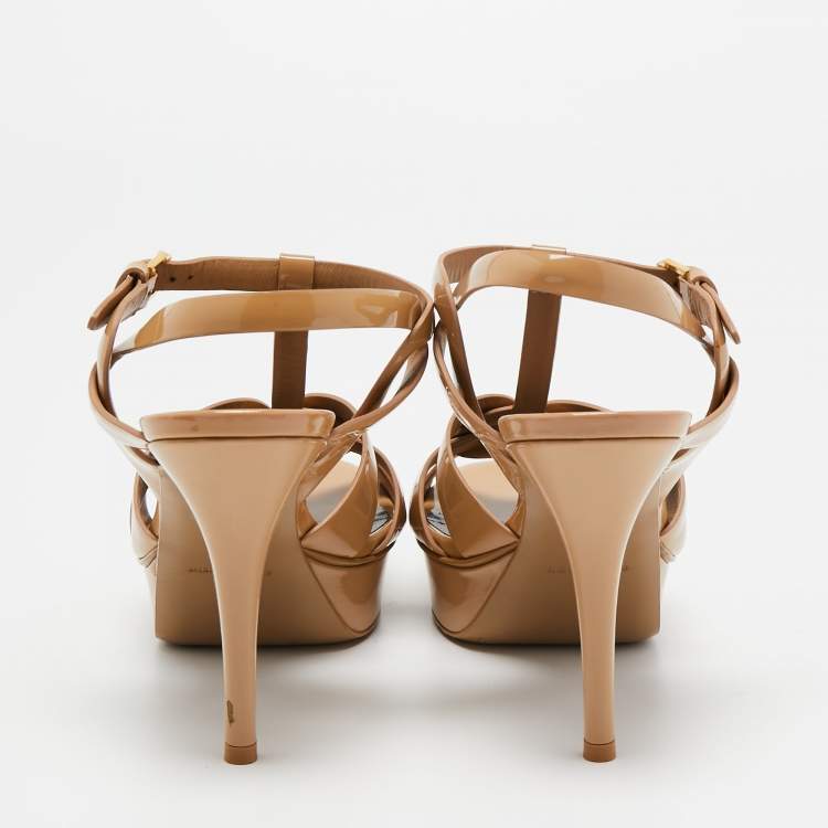 Pre Owned Yves Saint Laurent Beige Patent Leather Tribute Sandals Size 39