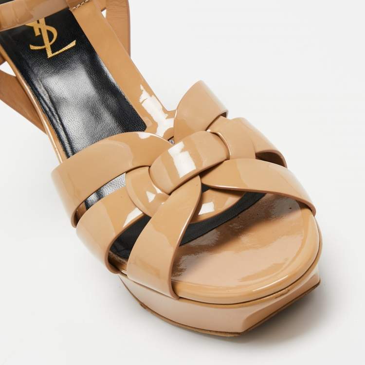 Pre Owned Yves Saint Laurent Beige Patent Leather Tribute Sandals Size 39