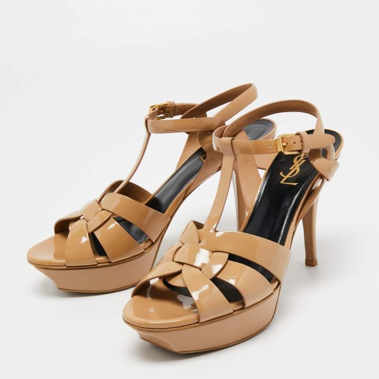 Pre Owned Yves Saint Laurent Beige Patent Leather Tribute Sandals Size 39