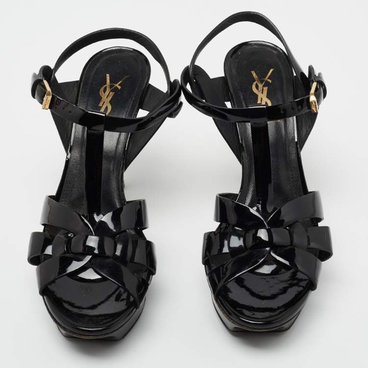 Pre Owned Yves Saint Laurent Black Patent Tribute Ankle Strap Sandals Size 37.5