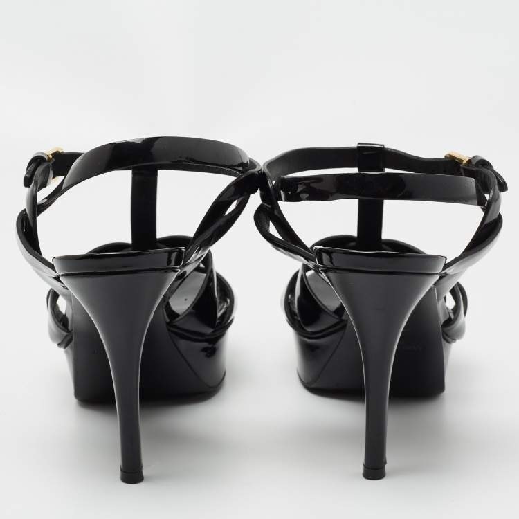 Pre Owned Yves Saint Laurent Black Patent Tribute Ankle Strap Sandals Size 37.5