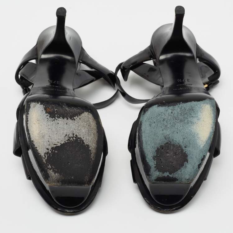 Pre Owned Yves Saint Laurent Black Patent Tribute Ankle Strap Sandals Size 37.5
