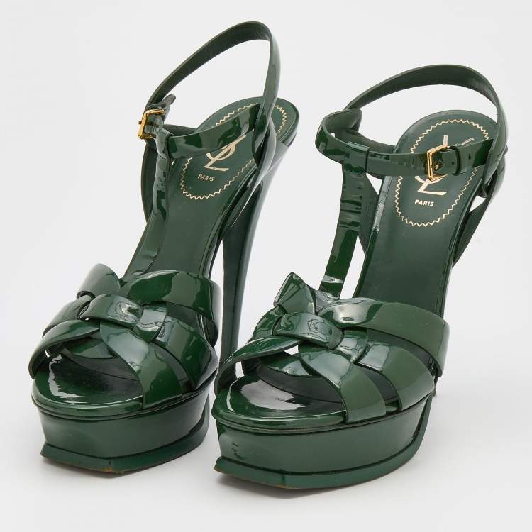Pre Owned Yves Saint Laurent Green Patent Leather Tribute Platform Sandals Size 40