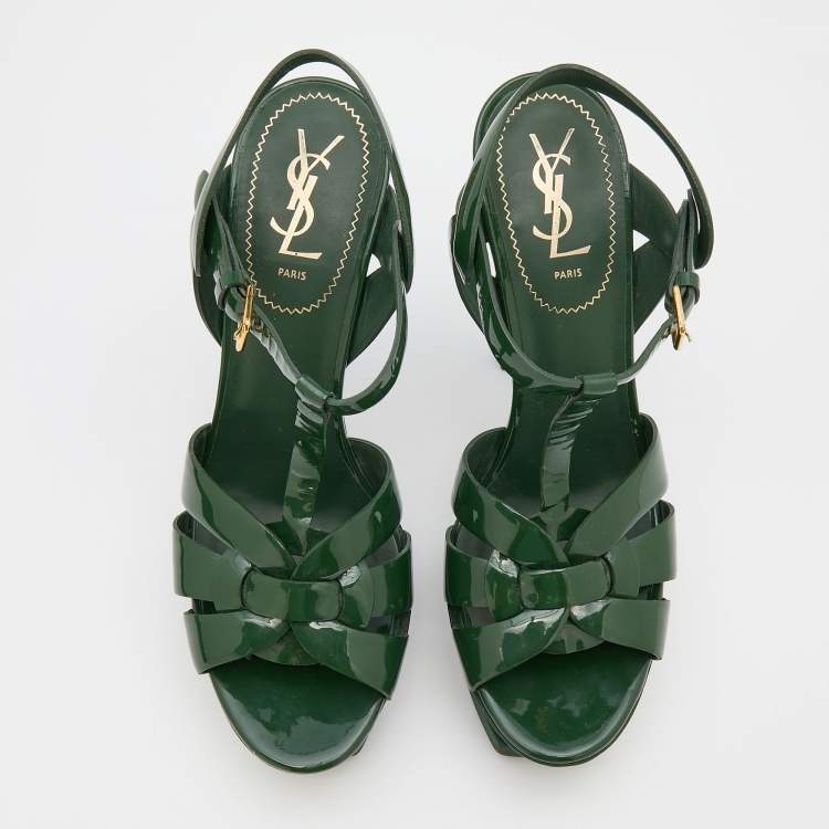 Pre Owned Yves Saint Laurent Green Patent Leather Tribute Platform Sandals Size 40