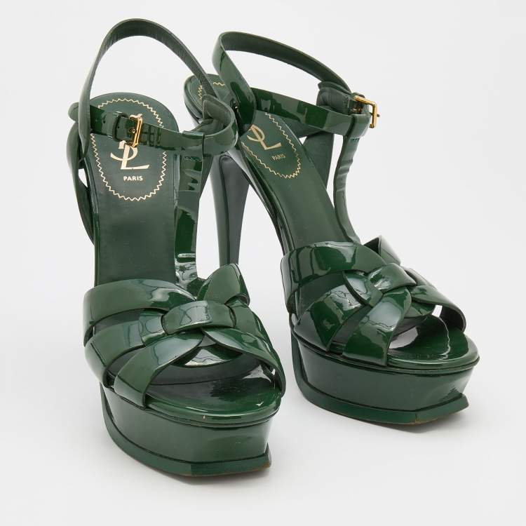 Pre Owned Yves Saint Laurent Green Patent Leather Tribute Platform Sandals Size 40