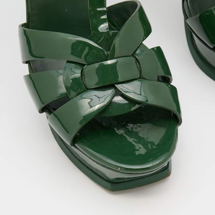 Pre Owned Yves Saint Laurent Green Patent Leather Tribute Platform Sandals Size 40