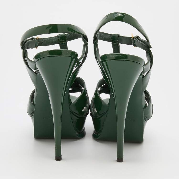 Pre Owned Yves Saint Laurent Green Patent Leather Tribute Platform Sandals Size 40