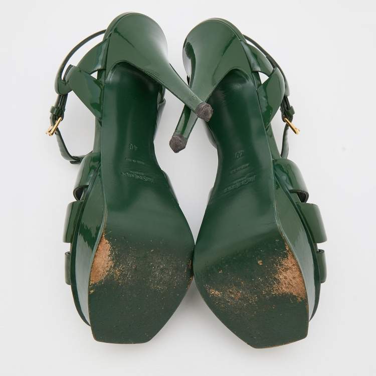 Pre Owned Yves Saint Laurent Green Patent Leather Tribute Platform Sandals Size 40